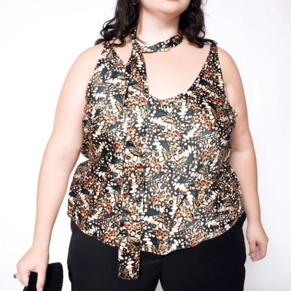 Butterfly Wing Print Satin Camisole Top with Matching Scarf Multi Color